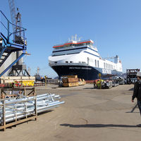 Bild vergrößern: Die Fhre Seatruck Performance fr die englische Reederei Seatruck Ferries liegt bereit zur Auslieferung bei der Flensburger Schiffbaugesellschaft (FSG)